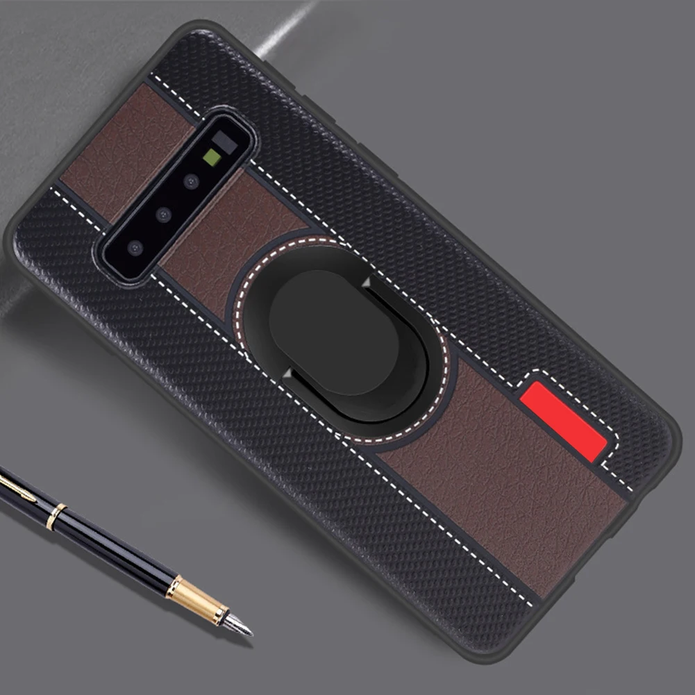 Coffee color PU Магнитный держатель чехол для samsung Galaxy S10 Plus автомобильное крепление 360 Поворот палец кольцо Пряжка оболочка для A50 A40 мягкий TPU Funda - Цвет: Coffee color