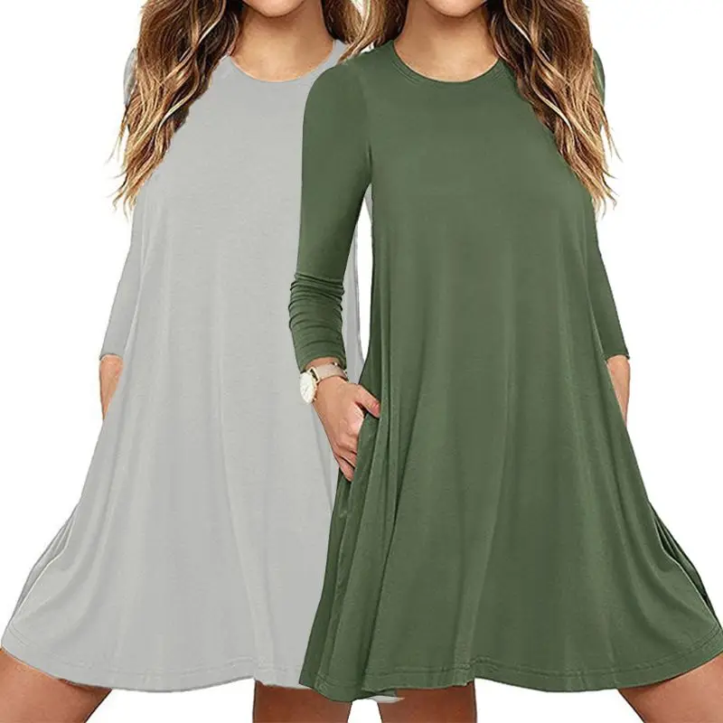 

Womens Autumn Long Sleeve Round Neck Plain T-Shirt Dress Solid Color Pleated Swing Casual Loose Pullover Streetwear with Pockets