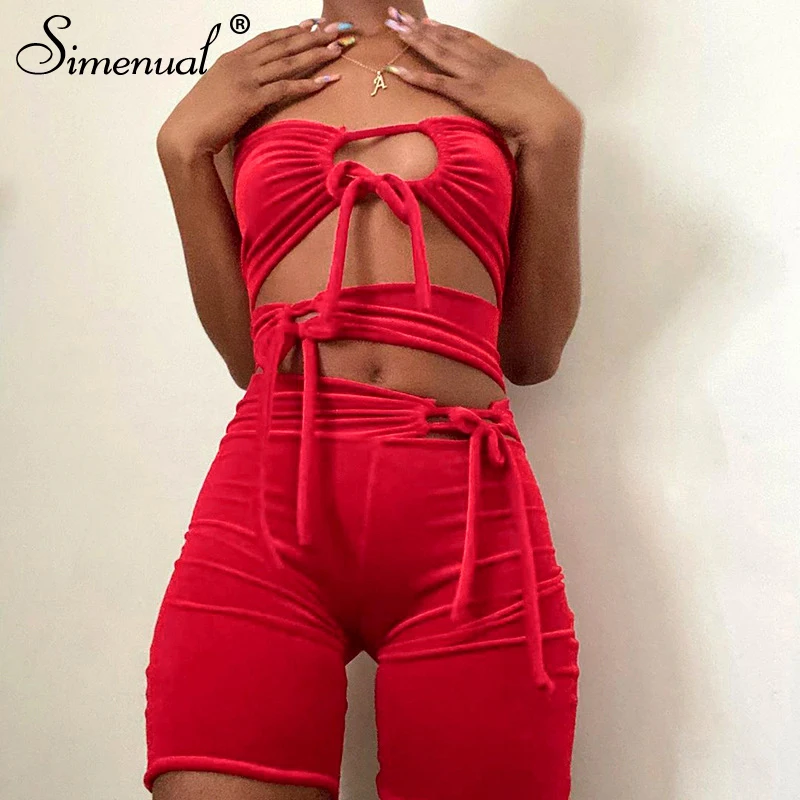 Simenual Lace Up Velvet Red Hollow Out Rompers Wrap Chest Skinny Biker Shorts Playsuit Sexy Hot Bodycon Women Club Party Romper