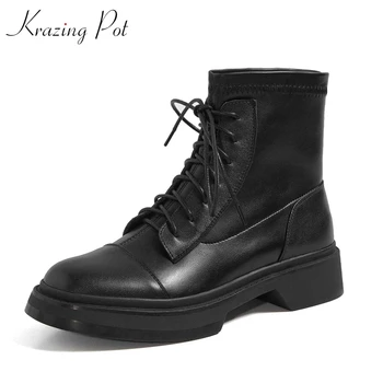 

Krazing Pot hot motorcycle boots genuine leather med square heel platform round toe lace up cross-tied superstar ankle boots L10