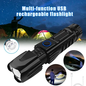 

Multifunction LED Flashlight USB Rechargeable Zoomable Torch Light Power Display Safety Hammer for Outdoor Camping Fishing FH99