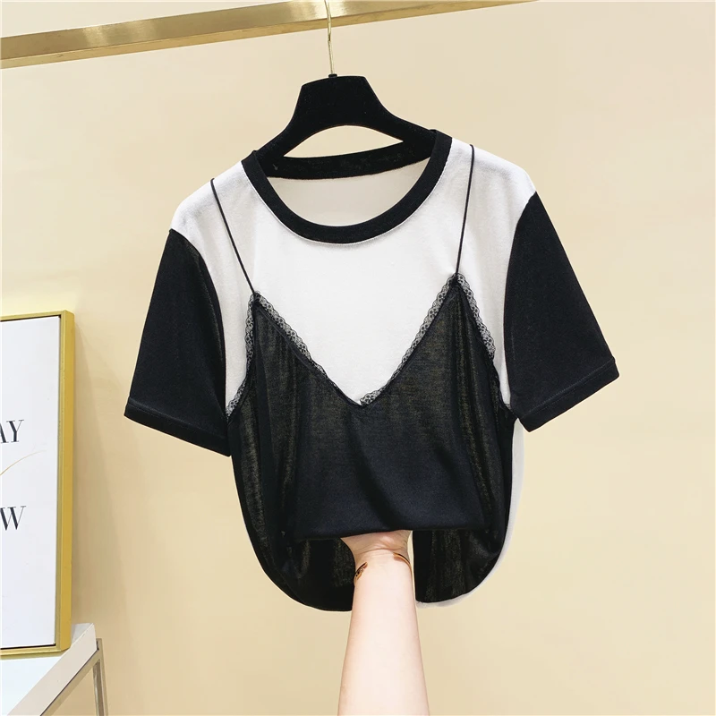 

Lace Stitching Short-Sleeved Knitted T-shirt Female 2020 Summer Korean-Style Loose Color Matching Thin Kint T-shirt Tshirts