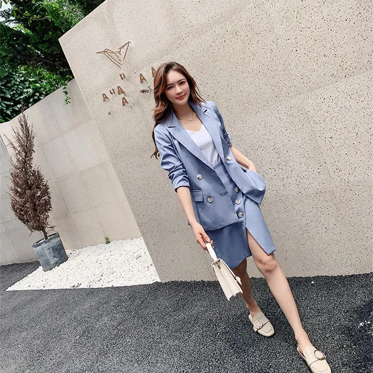 

Autumn Double-Breasted Blazer Side Split Skirt Two Piece Set Women Elegant Jacket Skirt Outfits Work Blazer Suits