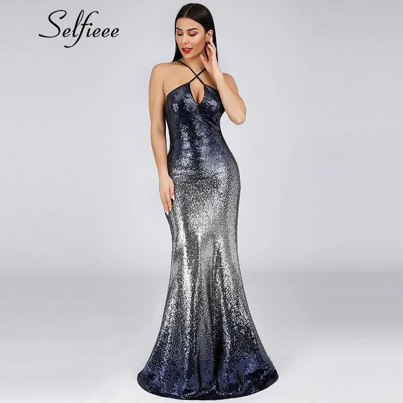 Модные расшитые блестками летние макси платья Русалка Bodycon без рукавов Холтер женские длинные летние вечерние платья Robe Femme