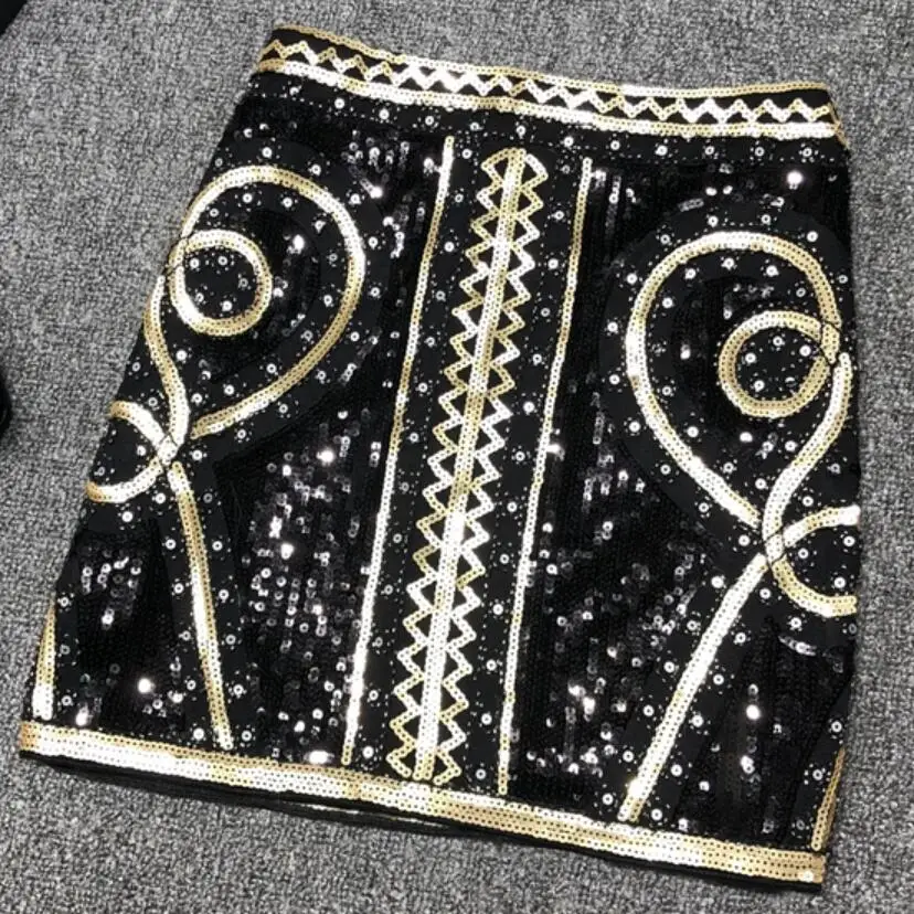 black Весенняя мода Blingbling тяжелая работа бисером блестками бедра мини юбка Женская Роскошная трапециевидная юбка - Цвет: black