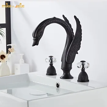 Online Crystal Double Handle Basin Sink Tap Black Crystal Bathroom Faucets Hot And Cold Swan Tap Crystal Goose Basin Faucet