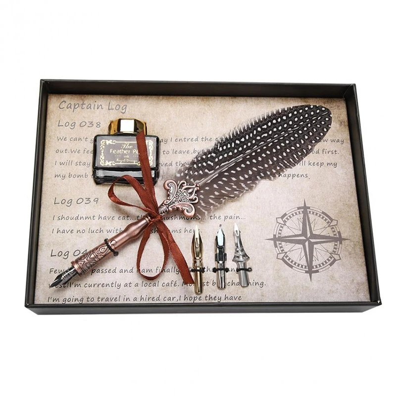 

Retro Classical Feather Dip Pen Fountain Pen Ink Bottle with 3 Nibs Stationery Gift Box for School Birthday Gift Calligraphy Pen