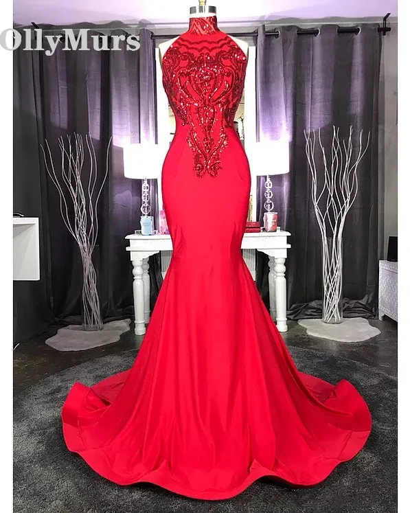 

Red African Mermaid Evening Gowns Halter Red Cheap Prom Dresses 2019 Party Gowns Custom Made