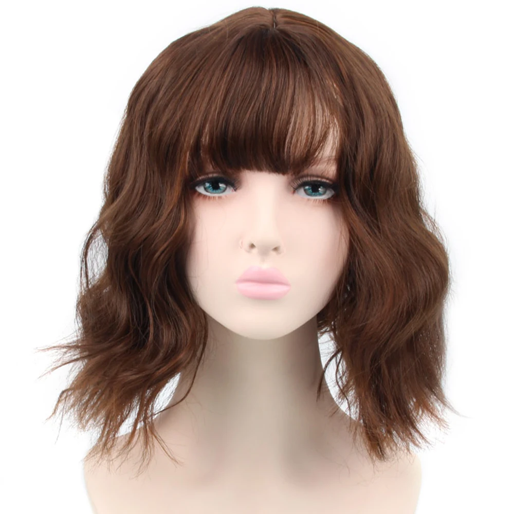 

Pageup Short Wave Synthetic Wig For Women Brown Wigs with Bangs Heat Resistant Fiber Hair Wigs
