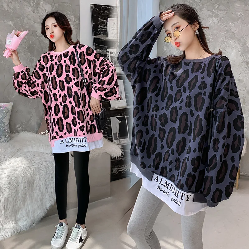 

Maternity Clothes 2019 Autumn And Winter Thick New Style Leopord Pattern Embroidered Loose-Fit Hoodie Pregnant Women Fake Two-Pi