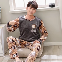 Мужской пижамный комплект, Осень-зима, теплые фланелевые Мужские пижамные комплекты, одежда для сна с длинным рукавом, топ+ штаны, пижамы для отдыха, повседневная домашняя одежда