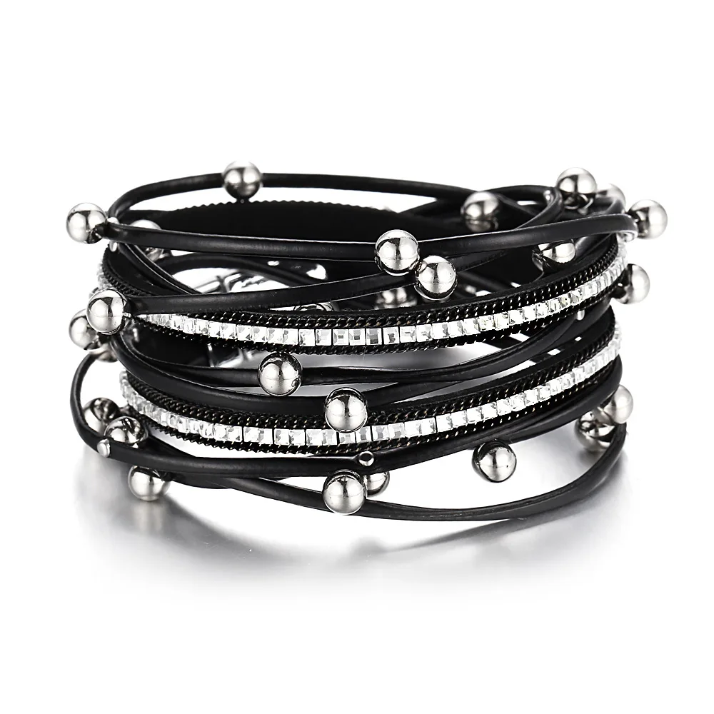 

2019 New Handmade Black Genuine Leather Wrap Bracelet Male Female Rhinstone Crystal Multilayer Magnetic Bracelets for Women Men