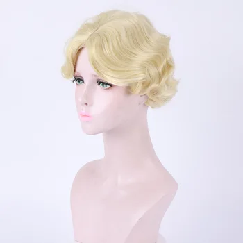 

LANLAN Golden wavy short hair synthetic wigs Noble temperament Woman Breathable Simulation