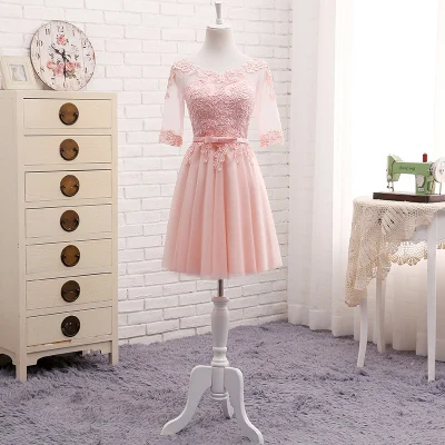 short 509 MNZ-5608X# Половина рукава Круглый Вышивка шнуровка Весна Новые вечерние платье средней длины короткие стильные платья подружки невесты цвета шампань - Цвет: short 509