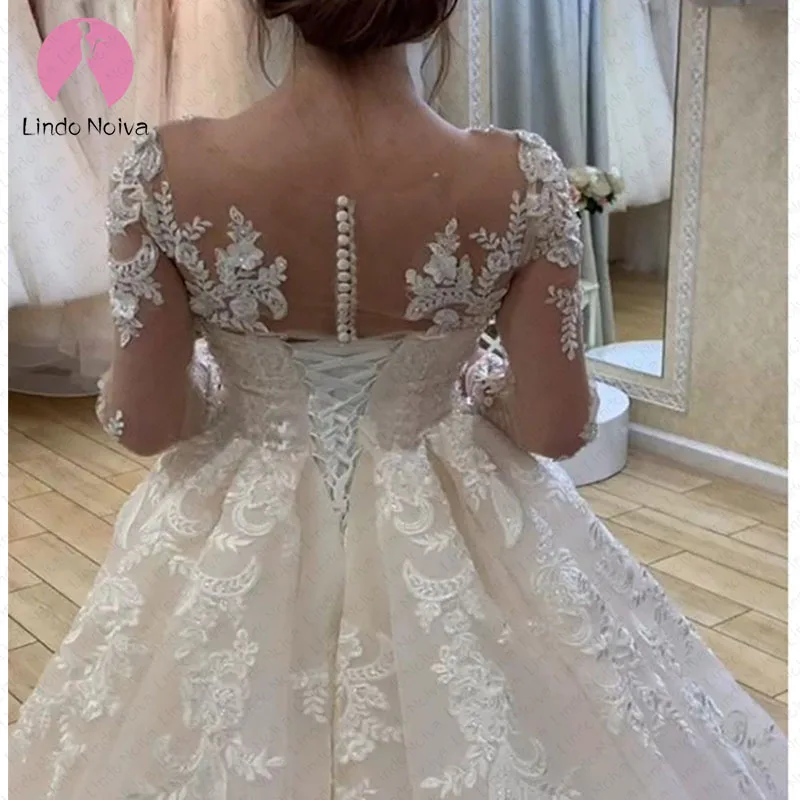 Robe De Mariee Элегантный Совок с длинными рукавами, кружевное бальное платье принцессы, свадебные платья, Длинные свадебные платья со шнуровкой