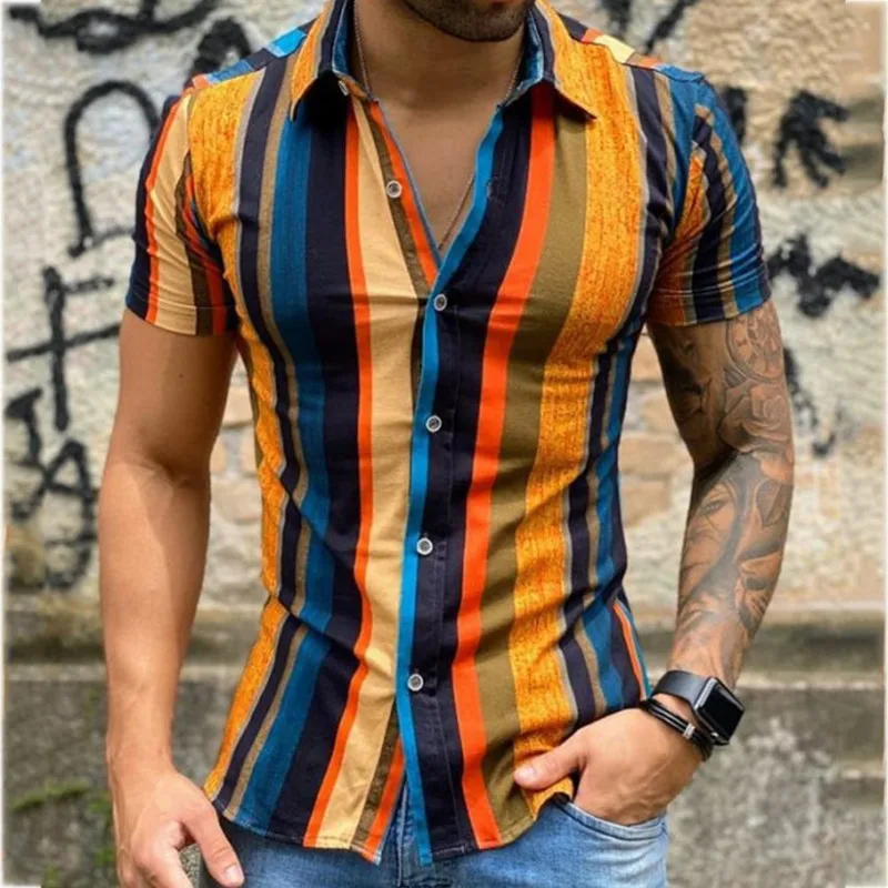 Camisa de manga corta con botones para hombre, camisa Masculina a rayas de colores, estilo a la moda, informales| - AliExpress