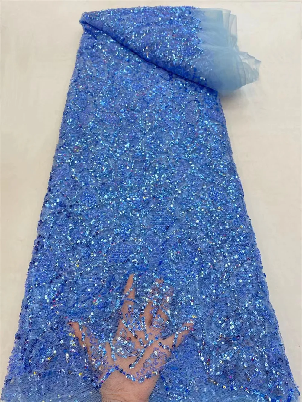 Роскошная африканская сетка 5 ярдов с бусинами и блестками небесно-голубая