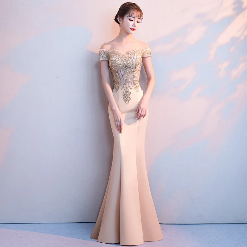 Gold Women Slash Neck Mermaid Party Dress Sexy Backless Costume Dress Evening Prom Long Short Sleeve Ball Gown Vestido XS-3XL