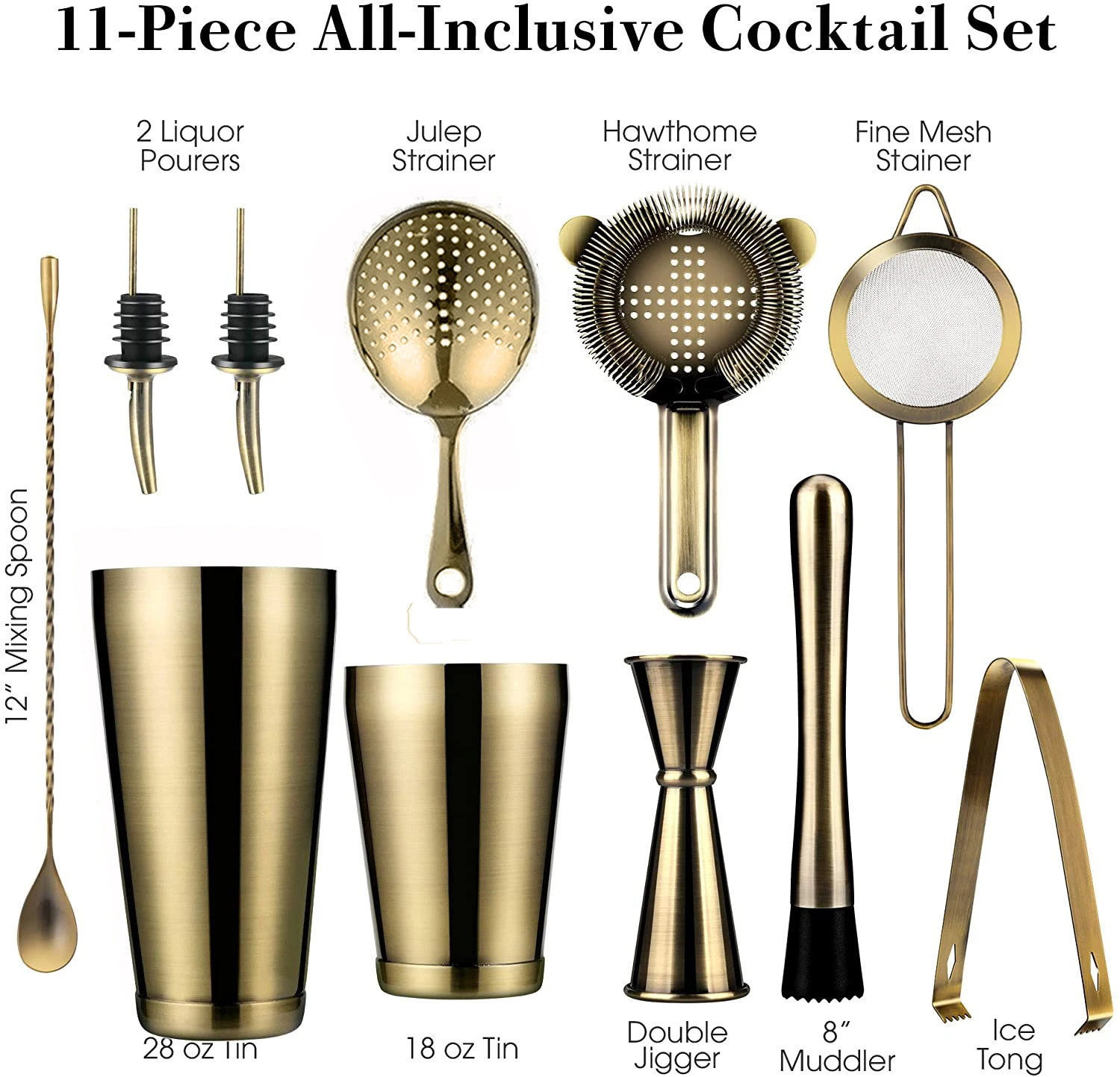 11-Piece Black Cocktail Shaker Bar Set: 2 Weighted Boston Shakers, Cocktail
