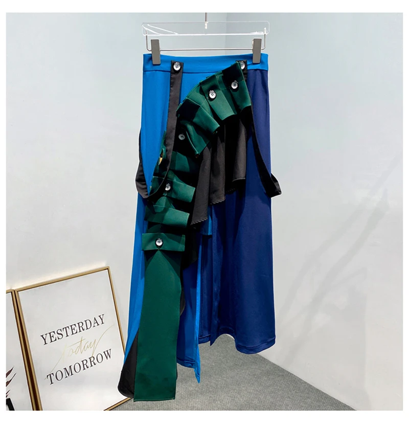 [EAM] High Waist Blue Asymmetrical Pleated Ruffles Temperament Half-body Skirt Women Fashion Tide New Spring Autumn 2020 1X801
