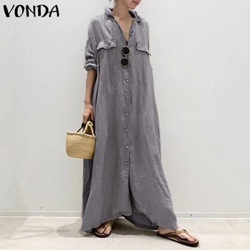 

Women Dress Vintage Sexy Turn-down Collar Buttons Shirt Maxi Long Dress VONDA 2020 Plus Size Party Vestidos Robe Femme S-5XL