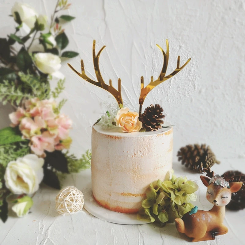 2Pcs/set Merry Christmas Cake Toppers Gold Silver Deer Elk Antlers Cake Topper for new year Party Handmade Cake Gift Decoration