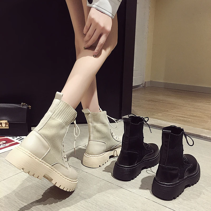 

Ankle Boots for Women 2019 Autumn Motorcycle Boots Thick Heel Platform Shoes Woman Slip on Round Toe Fashion Martin Boots