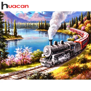 

Huacan Full Drill Square&Round Diamond Painting train Landscape DIY Sale Embroidery Decoration For Home