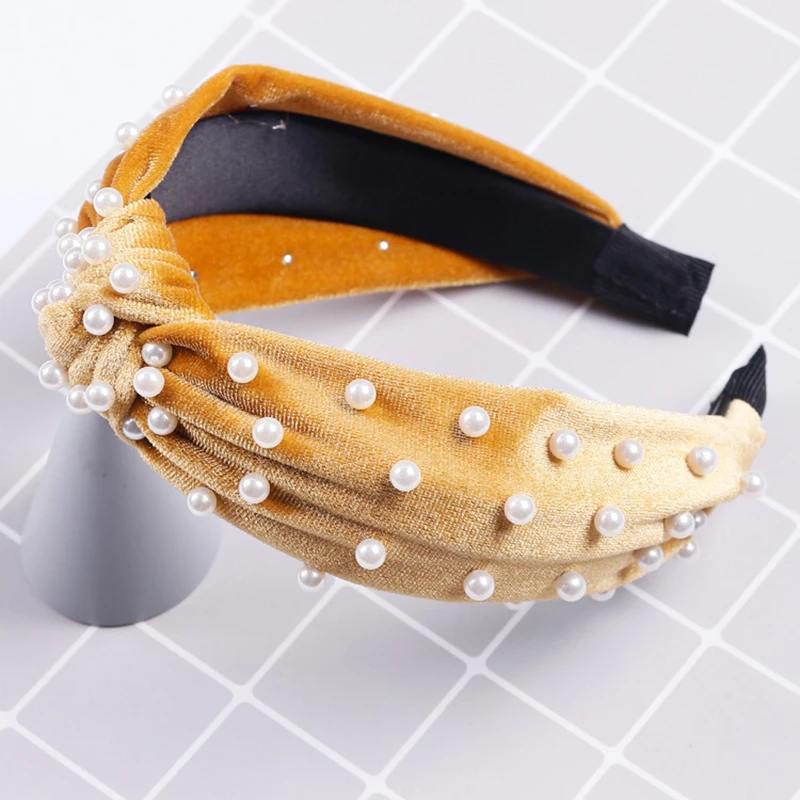 yellow headband Винтажная Жемчужная Повязка на голову для женщин ободок широкая бархатная повязка на голову с узлом обруч для волос с бантиком широкая лента для волос аксессуары для волос черный - Цвет: yellow headband