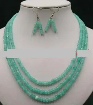 

Natural 2x4mm Aquamarine Faceted Beads Gemstone 3 Row Necklace Earring Set
