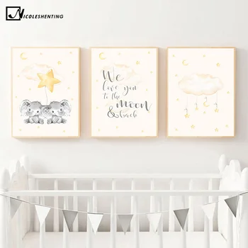 

Child Poster Baby Animal Nursery Wall Art Canvas Print Cartoon Moon Painting Nordic Kid Decoration Picture Love You to the Moon