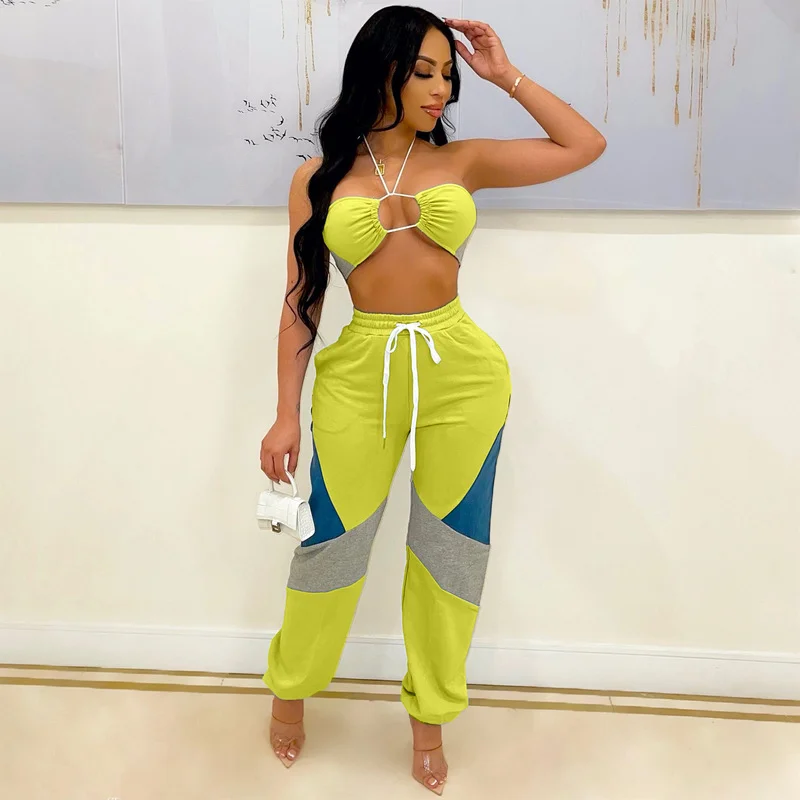 

Fashion Color Contrast Two Piece Set for Women Sexy Backless Halter Crop Top+drawstring Jogger Sweatpant Tracksuit Casual Outfit