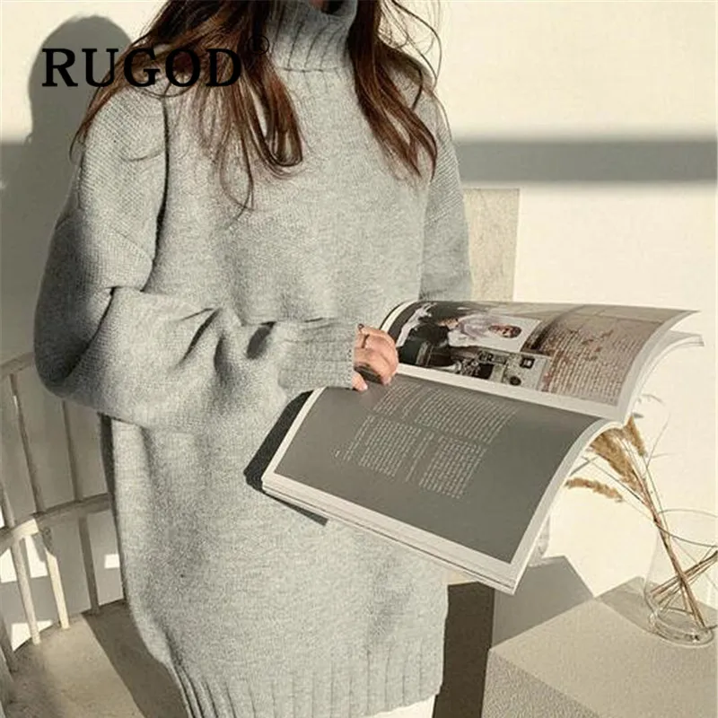 RUGOD, корейский утолщенный свитер, пуловеры для женщин, водолазка, Одноцветный, негабаритный, вязаный свитер, модный, женский, элегантный, повседневный, топы