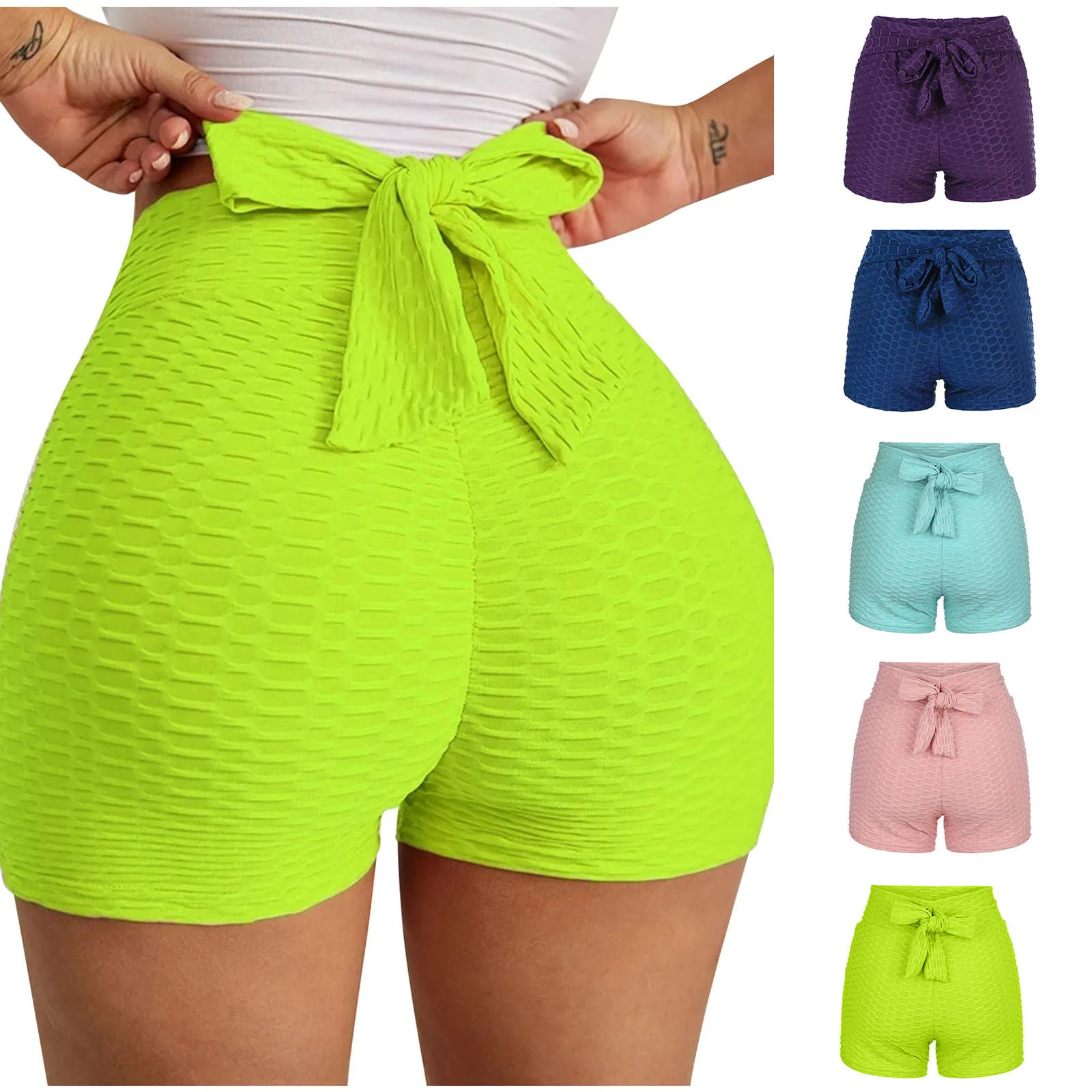 Women's Solid Color Highwaisted Bow Tie Stretchy Leggings Yoga Shorts