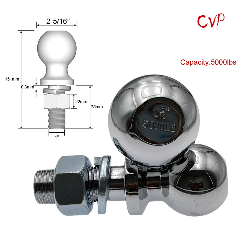 Chrome Tow Ball 2-5/16"(58.7mm), 1" shank dia. Trailer Hitch Towball Capacity 5000lbs, trailer parts,trailer coupling towball