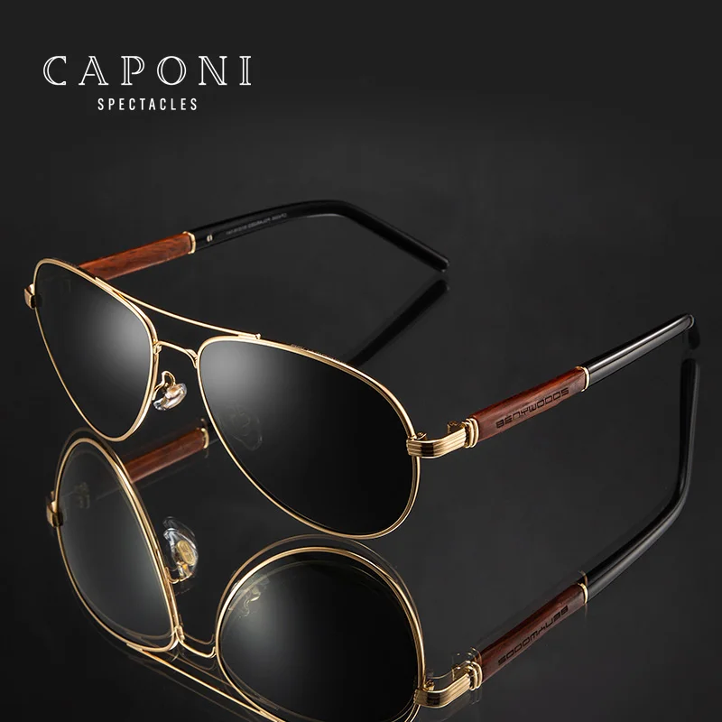 

CAPONI Wooden Sun Glasses Men Polarized Pilot Driving Alloy Frame Glasses Luxury Brand Designer Sunglasses For Women UV400 CP409