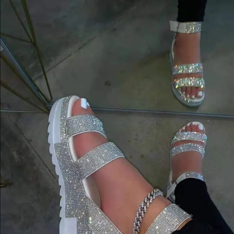 AliExpress-Sandalias con de diamantes de imitación para mujer, calzado plano de talla grande con punta abierta para verano, - AliExpress