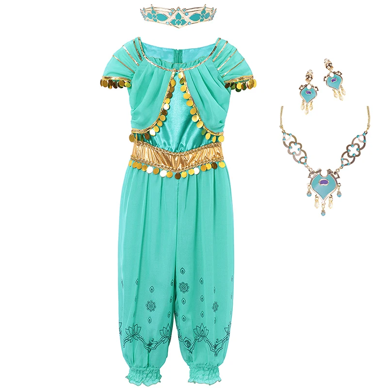 Принцесса из Аладдина платье цвета Жасмин костюм для девочек Дети блестки Хэллоуин Одежда для косплея детский арабский комбинезон нарядное платье - Цвет: Costume set 02