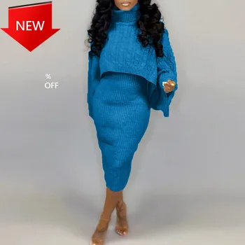 

Sweater Dress Fashion Autumn Warm Bodycon Plus Size Midi Knitted Dresses Two Piece Set Lady Women Winter Turtleneck Long Sleeve