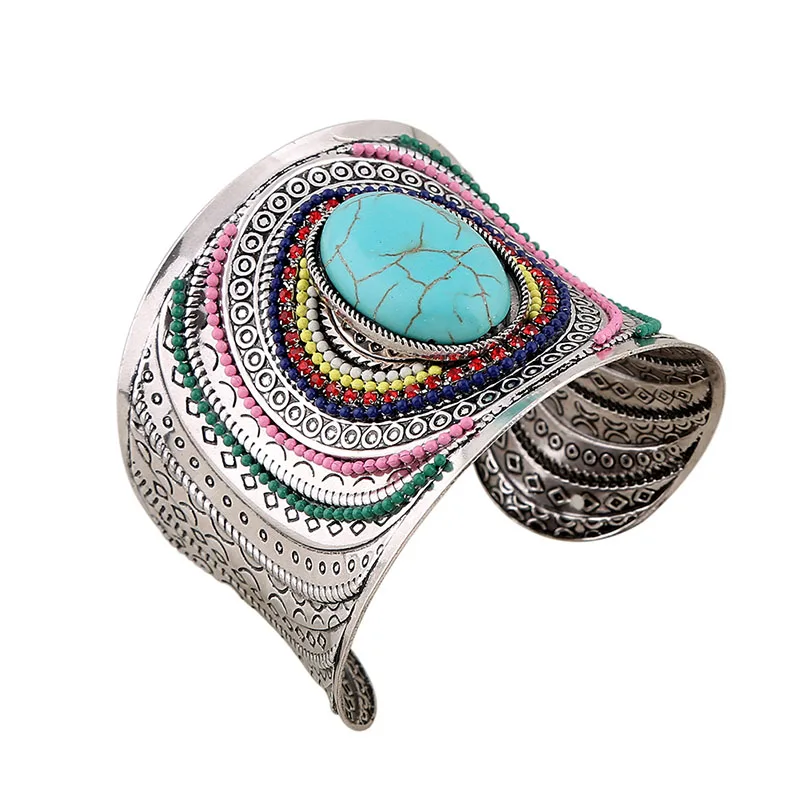 Богемные натуральные овальные широкие браслеты-манжеты красочные очаровательные большие браслеты браслет из тибетского серебра ювелирные изделия с эмалью для женщин
