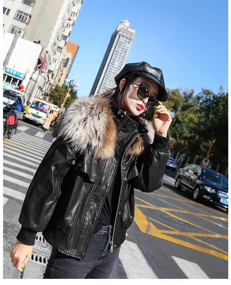 Genuine Leather Jacket Real Raccoon Fur Collar Drop Shoulder Bishop Sleeve Sheepskin Coat Women Winter Casual Oversized Outwear
