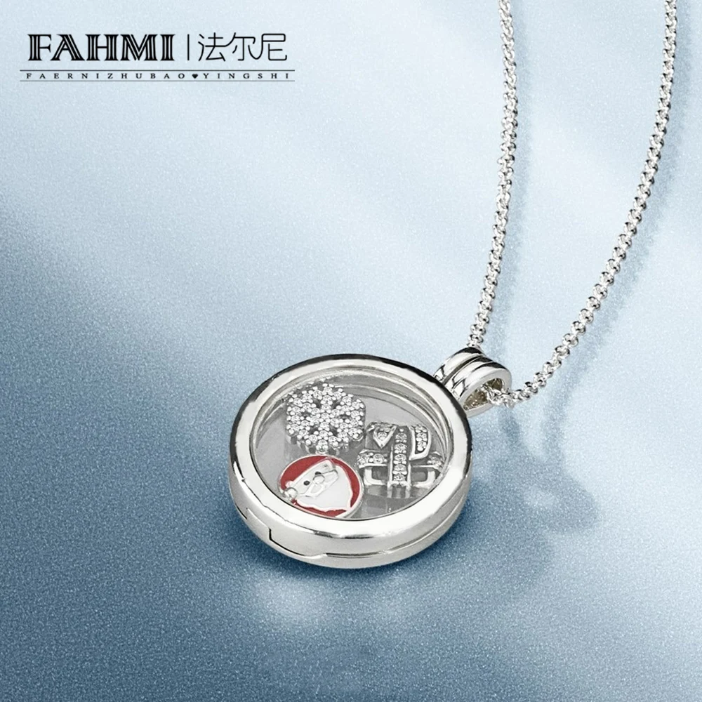 

FAHMI 100% 925 Sterling Silver 1:1 Winter Santa Snowflake Gift Small Decoration Medium Size Floating Locket Necklace Set