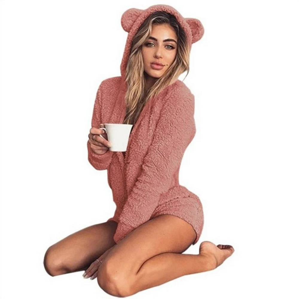 

Women Warm Long Sleeve Hooded Pajamas Autumn Winter Cute Plush Conjoined Suit Home Sleepwear Clothes Jumpsuit Rompers