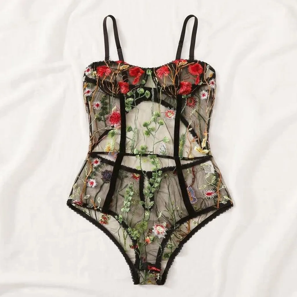 Women Lingerie Women Bodysuit Sleep Wear Set Sexy Bra Siamese Printing Lace Bow Floral Embroidered Backless Pajamas Jumpsuit