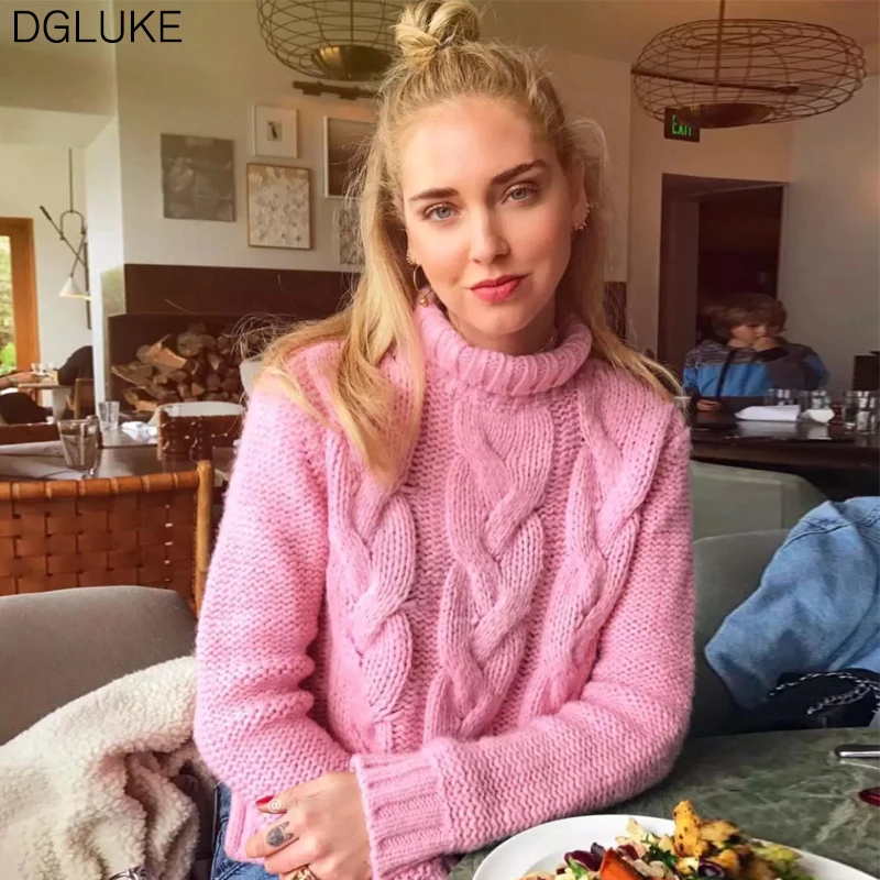 

DGLUKE Winter Pink Knit Sweater Turtleneck Long Sleeve Pullover Knitwear Women Solid Warm Twist Knitted Sweaters Jumpers Tops