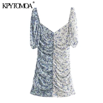 

KPYTOMOA Women 2020 Chic Fashion Floral Print Patchwork Draped Mini Dress Vintage V Neck Puff Sleeve Female Dresses Vestidos