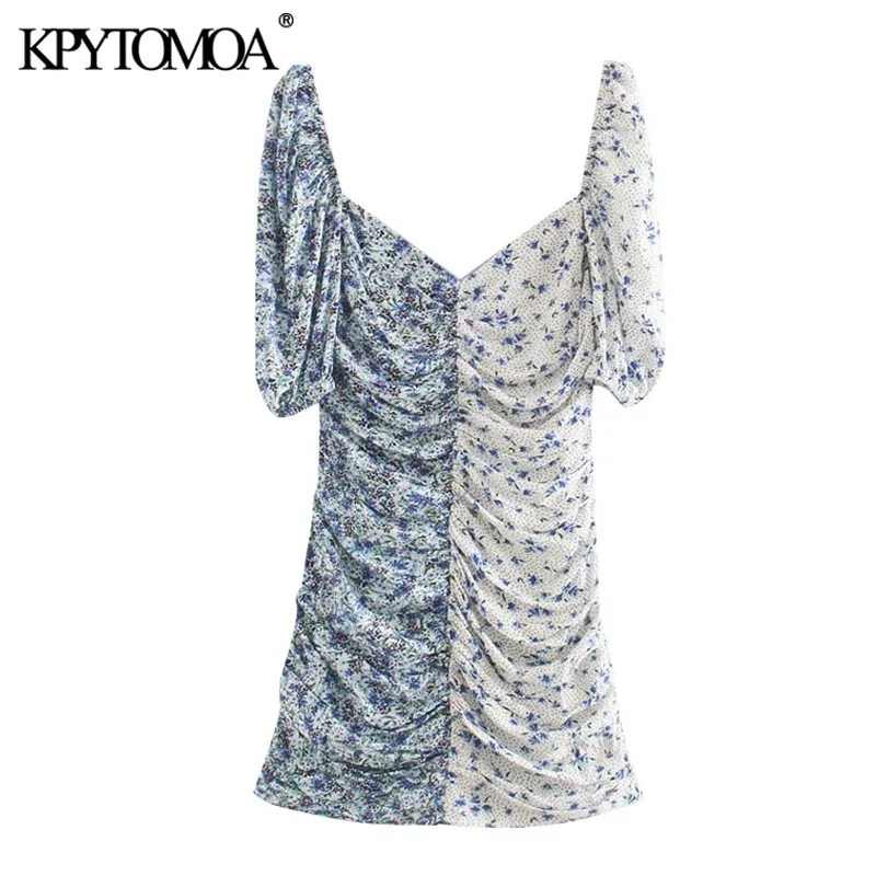 KPYTOMOA Women 2020 Chic Fashion Floral Print Patchwork Draped Mini Dress Vintage V Neck Puff Sleeve Female Dresses Vestidos KPYTOMOA Women 2020 Chic Fashion Floral Print Patchwork Draped Mini Dress Vintage V Neck Puff Sleeve Female Dresses Vestidos