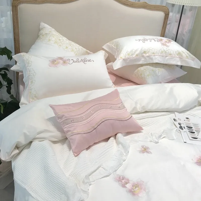 - Pink Floral Embroidery White Egyptian Cotton Duvet Cover set Queen Full size Bed Sheet set Luxury Soft Bedding set with Zipper