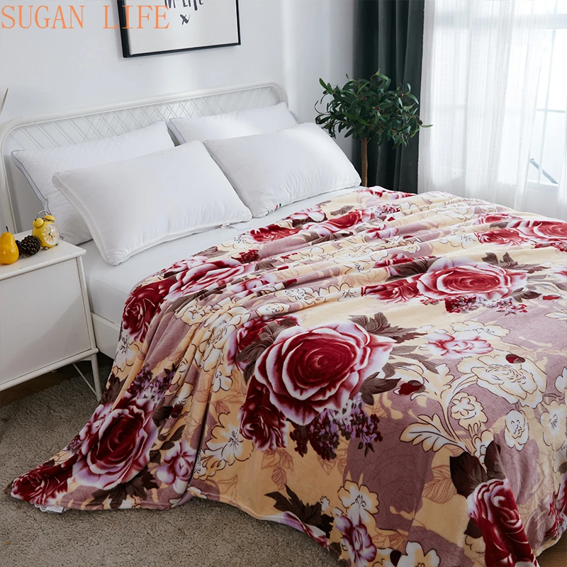Cartoon Floral Printed Flannel Blankets For Beds Soft Warm Coral Fleece Mink Throw Sofa Cover Bedspread Twin Queen Size Blankets