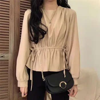 

2020 Spring And Autumn New Korean Version Of The Ins Wind Pleated Design Straps Pleated Was Thin Solid Color Long-sleeved Shirt
